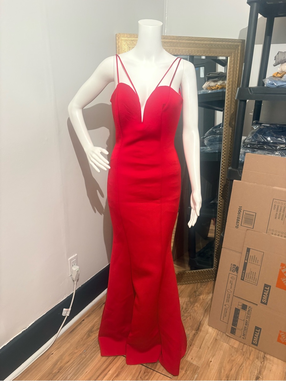 May Queen Red Spaghetti-Strap Prom Gown